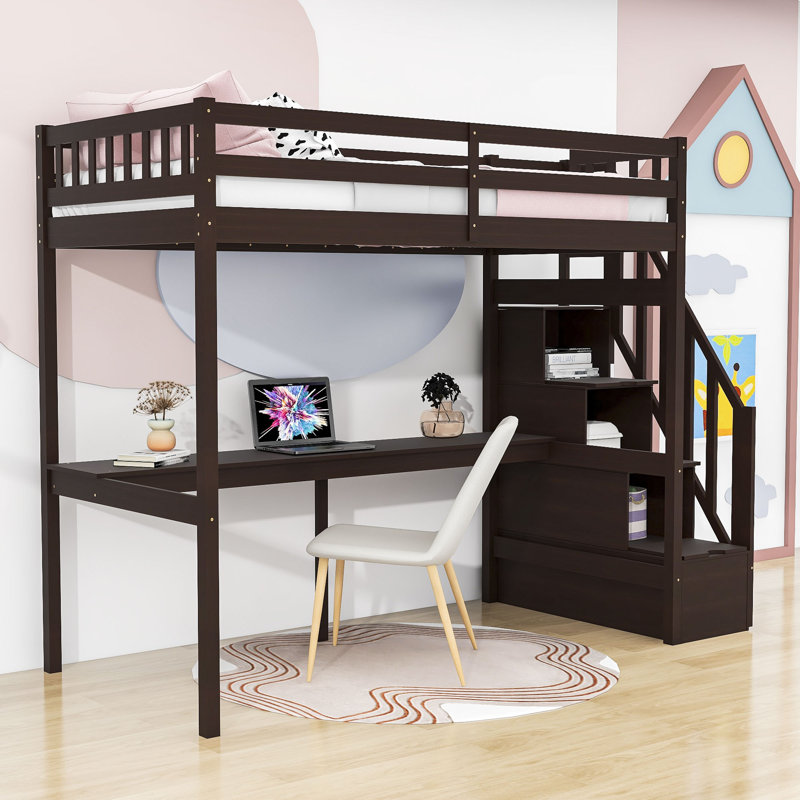 Twin Size Wooden Loft Bed With Built-In Desk And Storage, Espresso
