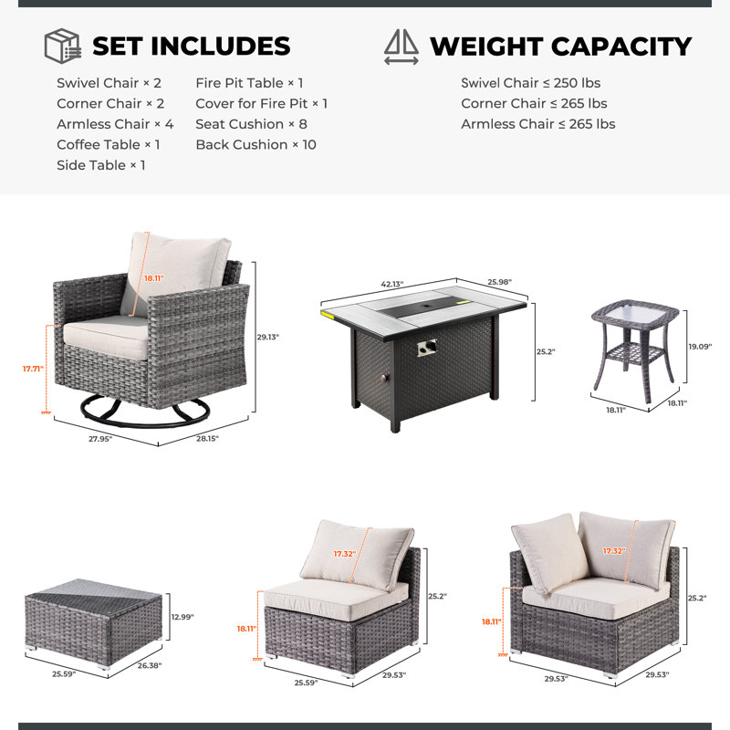 Chappotin 8 - Person Outdoor Conversation Set,  Wicker Patio Seating Group with Cushions, All Weather Sectional Sofa Set with Fire Pit for Garden, Backyard