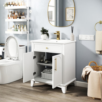 Lavabo de salle de bain moderne 27,8 po, conception Mid-Century, bois massif blanc +, tiroirs et rangement, lavabo intégré, construction, nettoyage sans effort, autoportant pour une preuve de l'usure, assemblage rapide