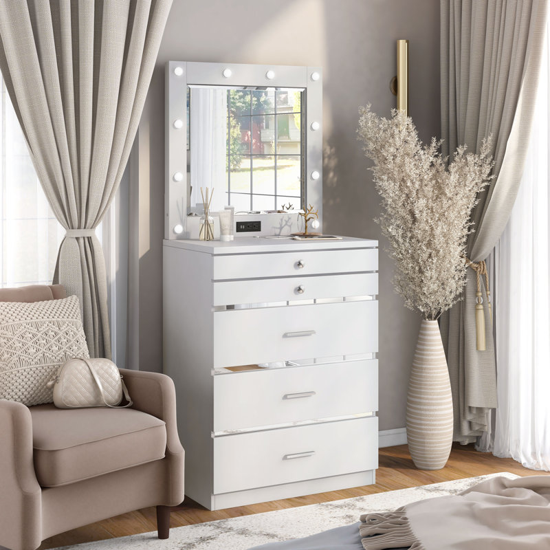 Commode 5 tiroirs Sarim, Blanc ultrabrillant