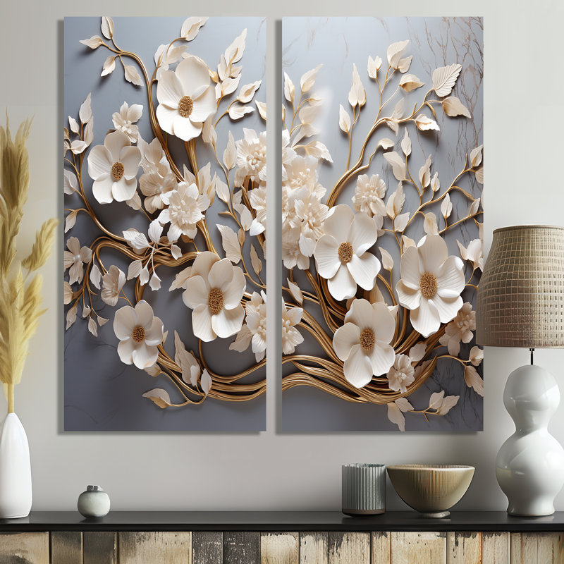 Orchidée blanche jardin de branches 7 - art mural doré, 40" H x 40" W, Wrapped Canvas, Does Not Apply