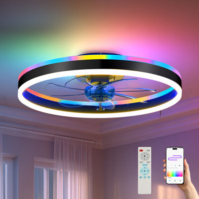 20" Smart Flush Mount Ceiling Fan with RGB & CCT Dimmable LED Light, 6-Speed Reversible Bladeless Fandelier, Low Profile Ceiling Fan with App/Remote Control, Black
