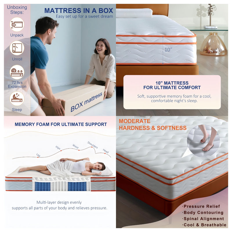 10 Inch Twin Hybrid Mattress in a Box, Individual Pocket Coils & Memory Foam, Medium Firm, CertiPUR-US Certified, Fiberglass-Free, Motion Isolation & Pressure Relief