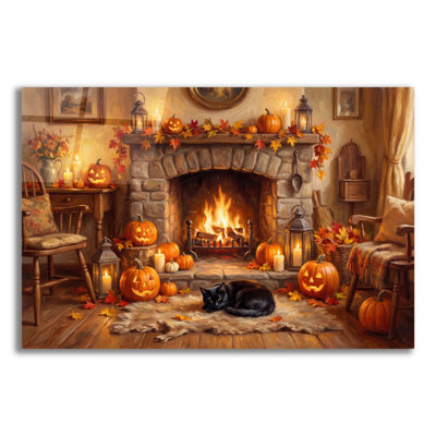 «Halloween Pumpkin Fireplace» par Veve, art mural en verre acrylique, 16 po x 12 po