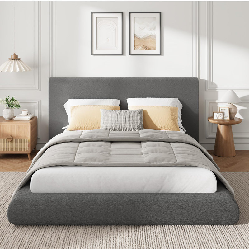 Structure de lit grand format avec tête de lit tapissier, lit plateforme moderne complet, aucun sommier requis, assemblage facile, tissu moelleux doux, gris foncé