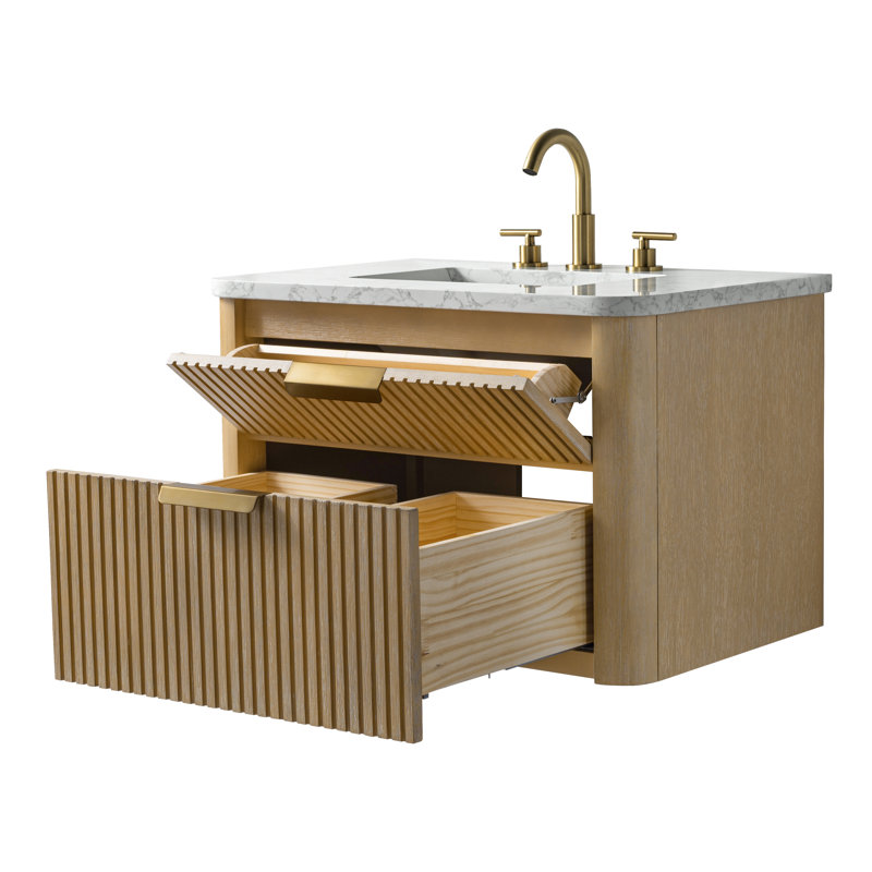Liljan 30'' Wall-Mounted Single Bathroom Vanity with Engineered Stone Top, Classic Oak/Brushed Bronze