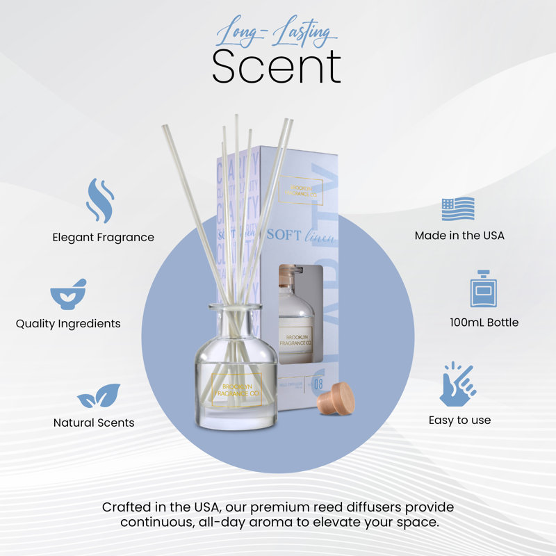  Brooklyn Fragrance Co. Aroma Reed Diffuser - Long Lasting Premium Fragrance - Soft Linen Air Freshener For Home - Reed Diffuser For A Large Room - 100ml