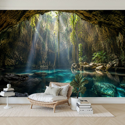 Peel and Stick Wallpaper 69" L x 96" W Modern Self Adhesive Wall Mural for Bedroom - With Underground Cave Crystal Clear Water Sunlight Rays Print