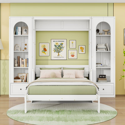 Queen Wood Murphy Bed with Storage Drawers, Shelves and LED Light Strips