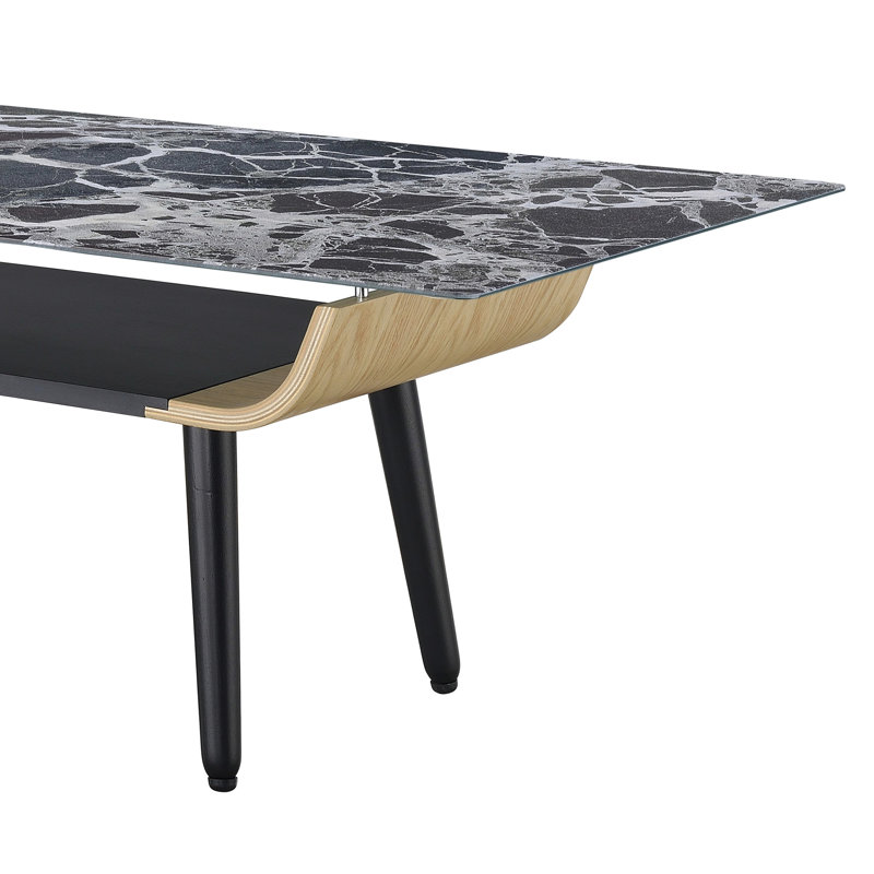 Table basse Landon de 47 po avec plateau en verre marbré noir et bois cintré, Noir