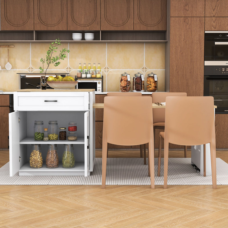 Dionigio 83" Kitchen Island Set with Extendable Dining Table, Power Outlets and Storage Cabinet, White