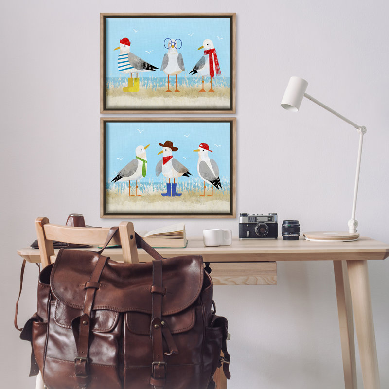 «Stupell Industries Stylish Seagulls at Beach», ensemble de 2 toiles flottantes encadrées par Victoria Barnes