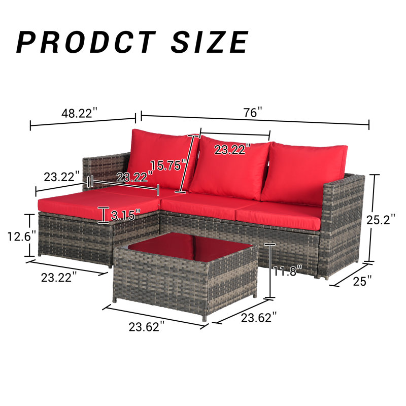 Ensemble de conversation modulaire en rotin avec méridienne et coussins 3 pièces, Rouge