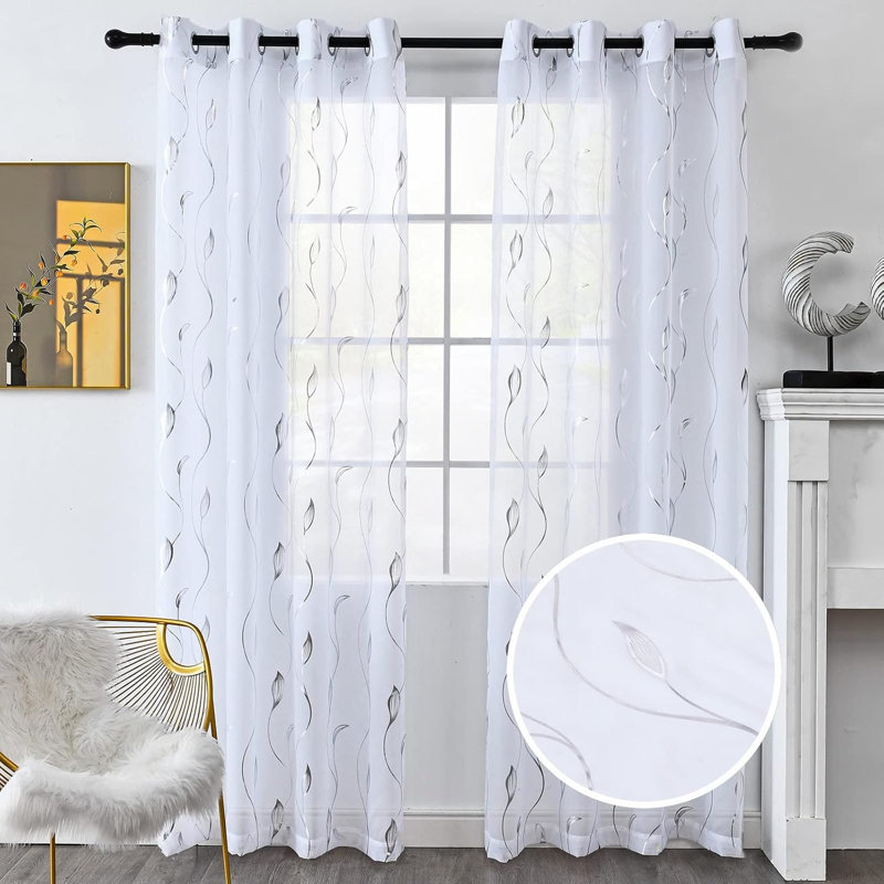 2PCS White Gauze - Gold Stamping Willow Twig - Golden Curtains, 84''*52'', 52" W x 84" L