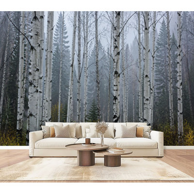 Wall Mural Peel and Stick Wallpaper Birch tree forest morning fog Self-Adhesive Removable Contact Paper Wall Decor for Living Room Bedroom 100"H x 144"W