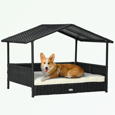 Niche pour chien en osier d'extérieur avec auvent et coussin résistant à l'eau