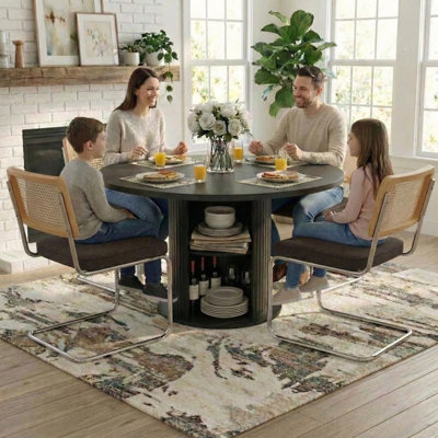 5-piece Round Pedestal Dining Set With Cane Back Cantilever Chairs