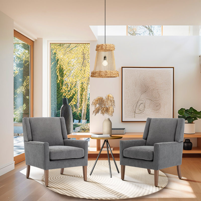 Fauteuil d'appoint rembourré en tissu avec pieds en bois massif Leston, Lin gris