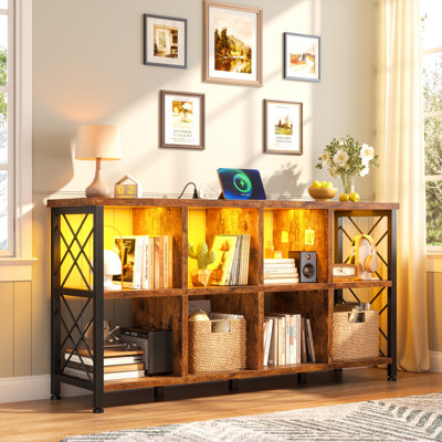 8-cube Bookcase With Led Lights & Charging Ports, Sturdy Storage Organizer For Home Office/living Room/bedroom ,57.09"W × 13.78"D × 29.92"H