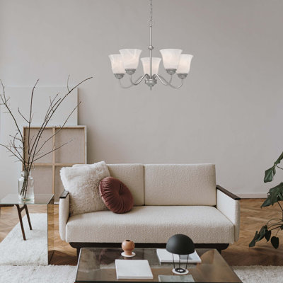 Lustre suspendu en nickel 5 lumières avec abat-jour en verre albâtre Kim