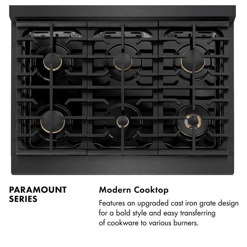 ZLINE Autograph 36 in. Paramount Gas Range in Black Satin Stainless Steel and Gold Accents, Champagne Bronze