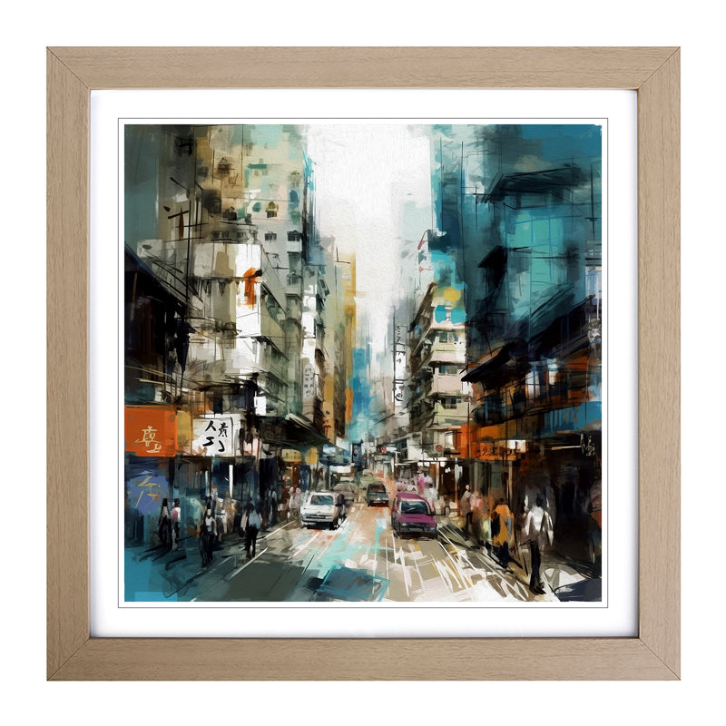 City Of Hong Kong Gestural - Framed Print, Oak