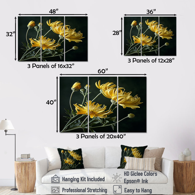 Fleurs jaunes «Forsythia Close Up» - ensemble de reproductions d'art mural floral, Toile tendue, H 28 po x l 36 po x P 1 po