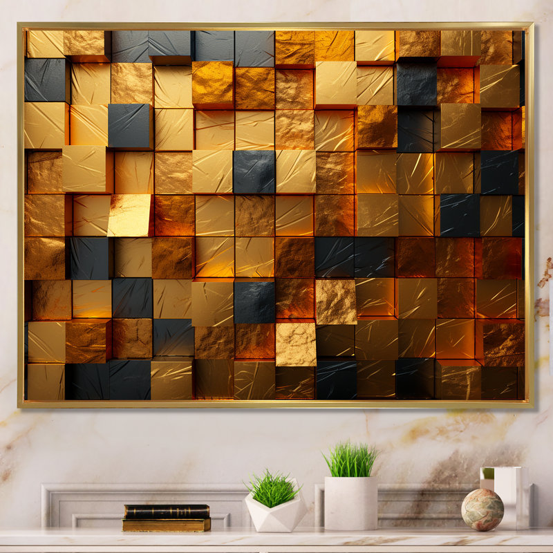 Grunge cubes dorés abstrait géométrique IV - art mural abstrait géométrique, Cadre flottant doré, H 12 po x l 20 po x P 1 po