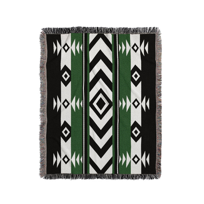 Couverture en mélange de coton Fika South Western, L 60 po x l 50 po, Vert / noir / blanc cassé