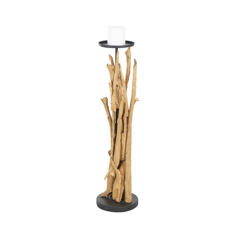 Porte-bougie brun en bois de teck fabriqué à la main, H 38,50 po x l 10 po x P 10 po