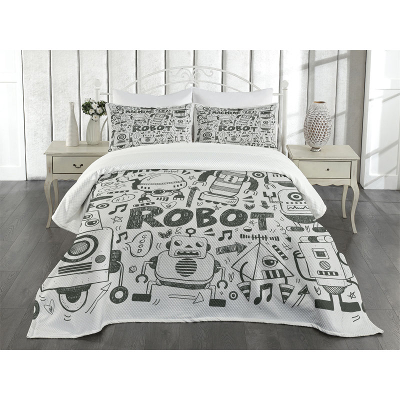 Ambesonne Geek Bedspread Set Space Geek Theme Sci Fi Grey Pale Grey, King Bedspread + 2 Standard Shams
