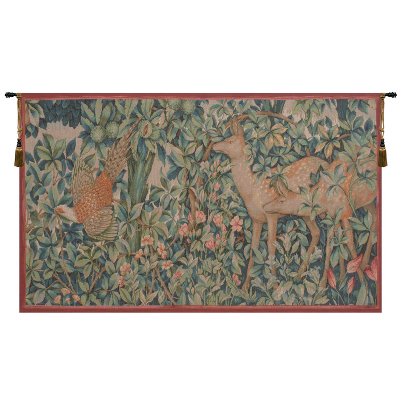 Pheasant And Doe Loom Woven Cotton Blend Wall Hanging, 29" H x 50" W