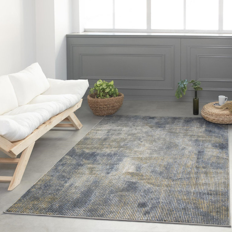 Tapis en polyester abstrait doré, gris et bleu de la collection Lela, Rectangle 5 pi 2 po x 7 pi 5 po