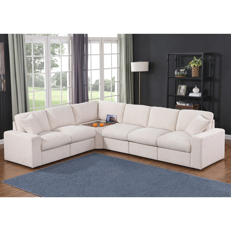 Canapé modulaire de coin Dessire avec table porte-gobelet et port USB, Chenille beige
