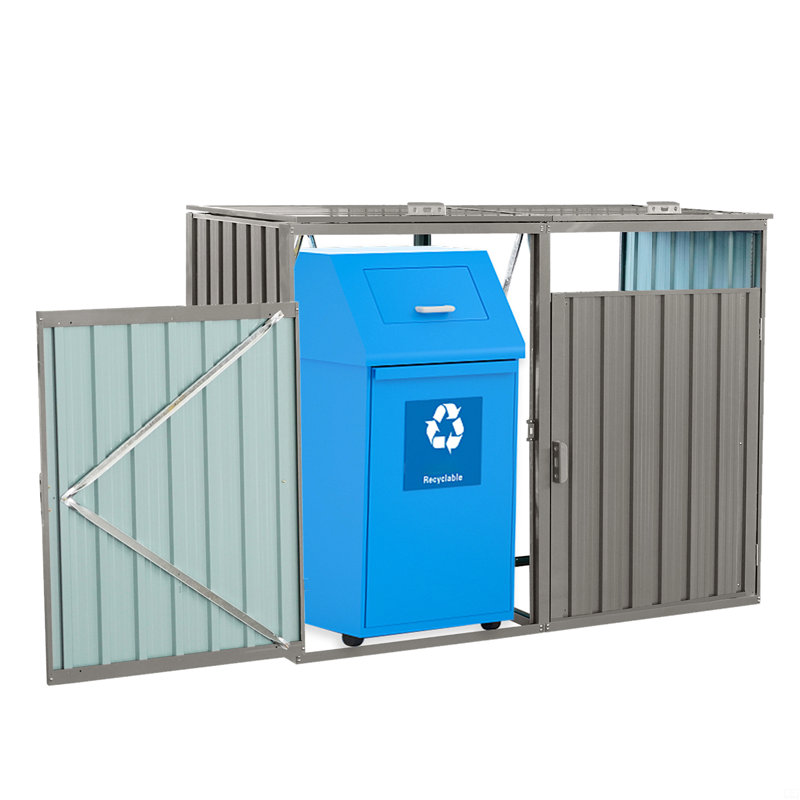 Garbage Bin Shed Stores 2 Trash Cans Metal Outdoor Bin Shed