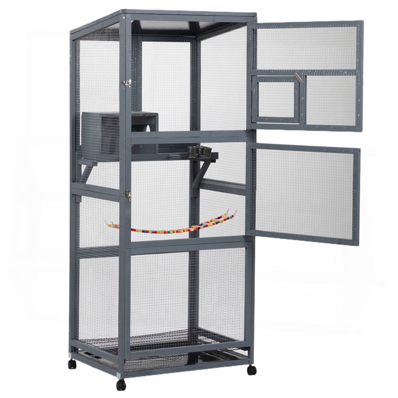 Wood Bird Cage with Universal Wheels-Gray
