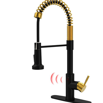 Touchless Kitchen Faucet With Pull Down Spray - Hands Automatic Smart, Black + Gold, Contemporary, Stainless Steel, Ceramic Fill Smart Touchless, , Contemporary Design, Filler