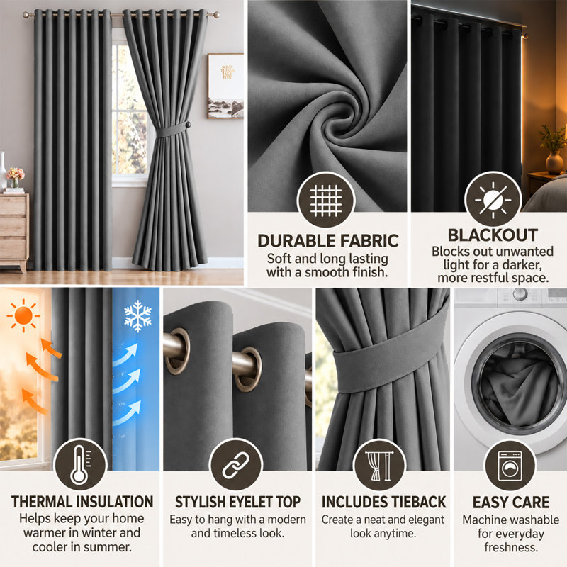 Cariya Small Window Eyelet Blackout Thermal Curtains  – Light Blocking & Energy Efficient, 117cm Width x 137cm Drop
