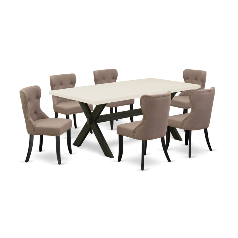 7 Piece Dining Room Furniture Set Consist of a Rectangle Dining Table with X-Legs and 6 Coffee Linen Fabric Upholstered Chairs, Wire Brushed Black Finish