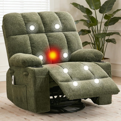Oversized Massage Recliner Lumbar Heat, 350 Lbs Swivel Rocker Sofa for Big & Tall, Cup Holders & Pockets, Green