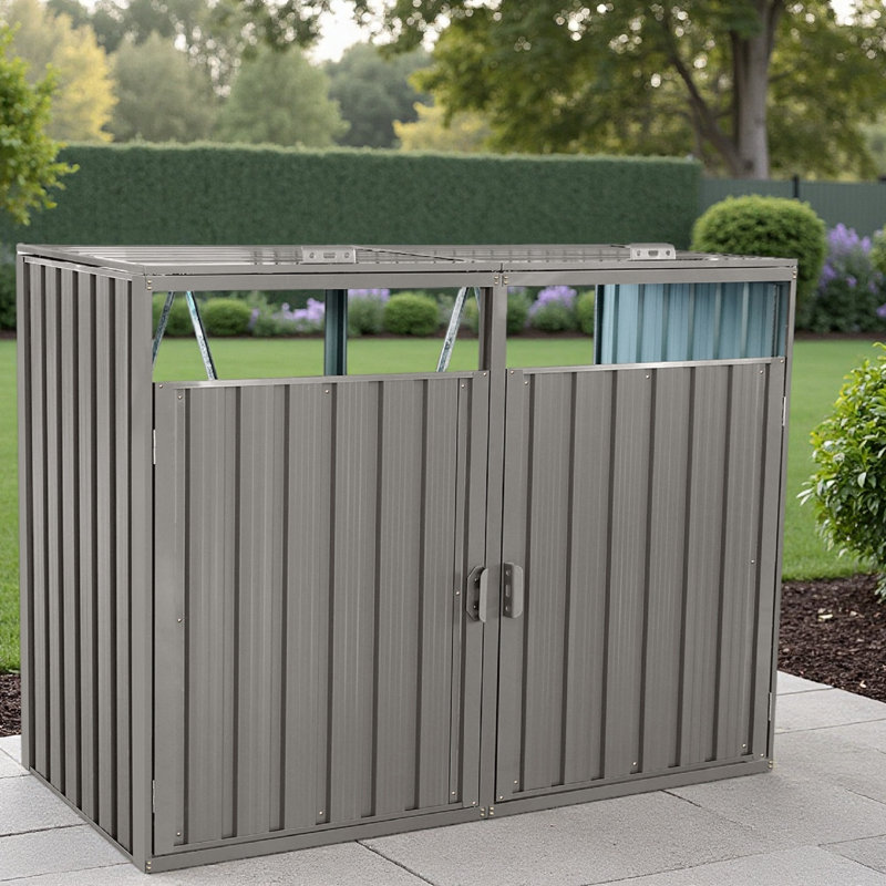 Outdoor Garbage Bin Shed For 2 Trash Cans, Lockable Metal Storage With Ventilation, Waterproof Enclosure For Garden & Patio