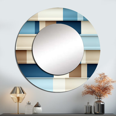 White And Blue Coastal Striped Pattern - striped  Mirror, Modern Round Unique Wall Mirror, Printed Metal Art
