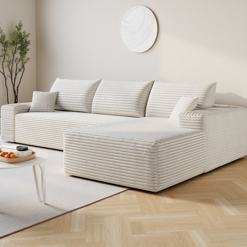 Canapé modulaire en L en velours côtelé moelleux de 107 po avec méridienne Boneless, Velours côtelé blanc