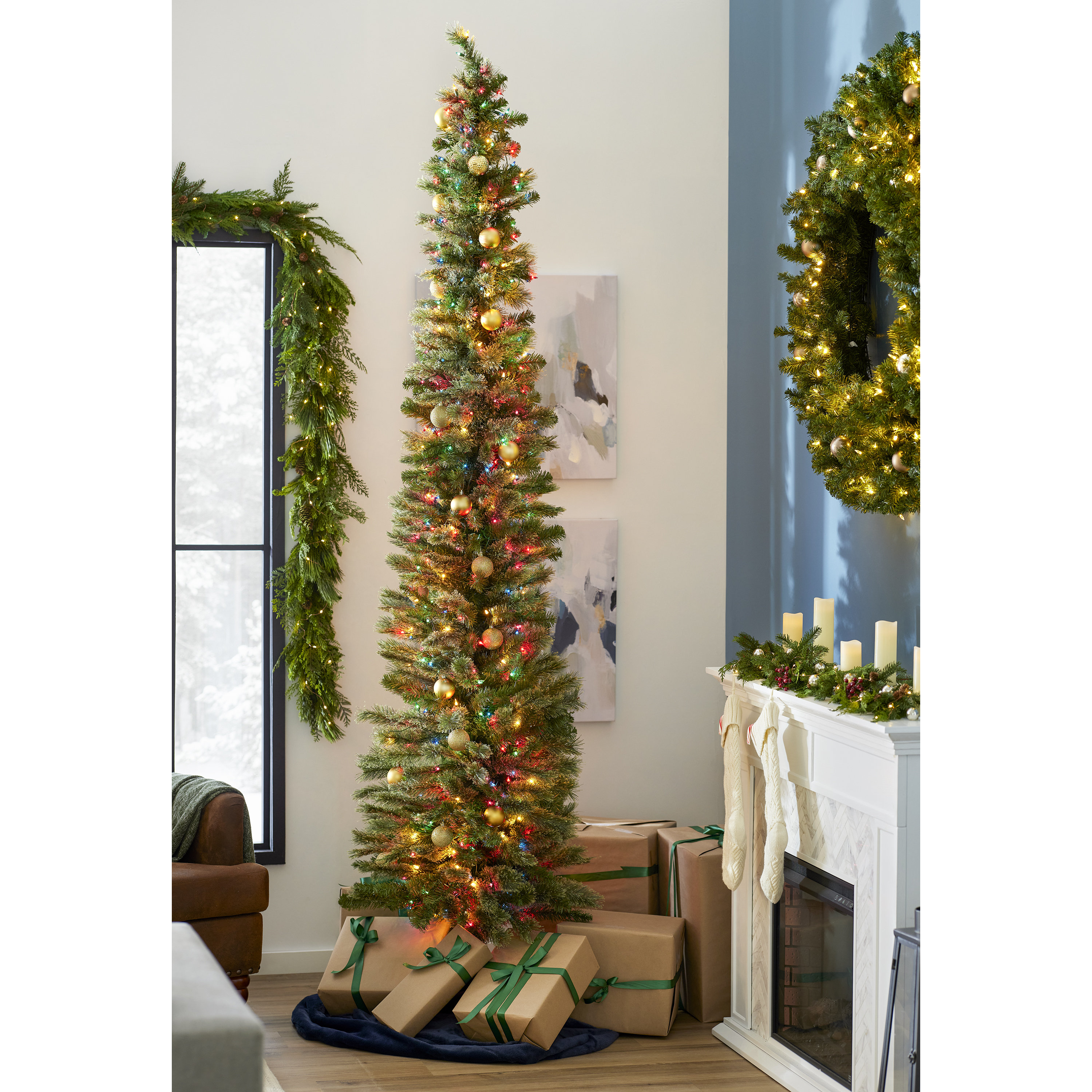 Polygroup Trading Ltd Home Heritage 9 Ft Pencil Pine Prelit Artificial  Christmas Tree, 500 RGB Lights