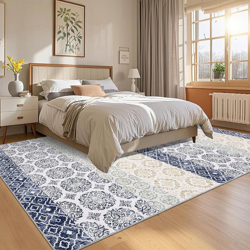 Blue Floral Rug Washable Area Rugs for Living Room, Low Pile Non Slip Vintage Oriental Soft Accent Carpet, Stain Resistant Foldable Floor Mats for Bedroom, Dining Room, Home Office
