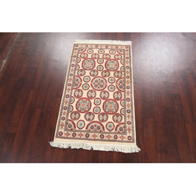 Tapis beige en laine noué à la main de conception unique 3 pi 1 po x 5 pi 2 po