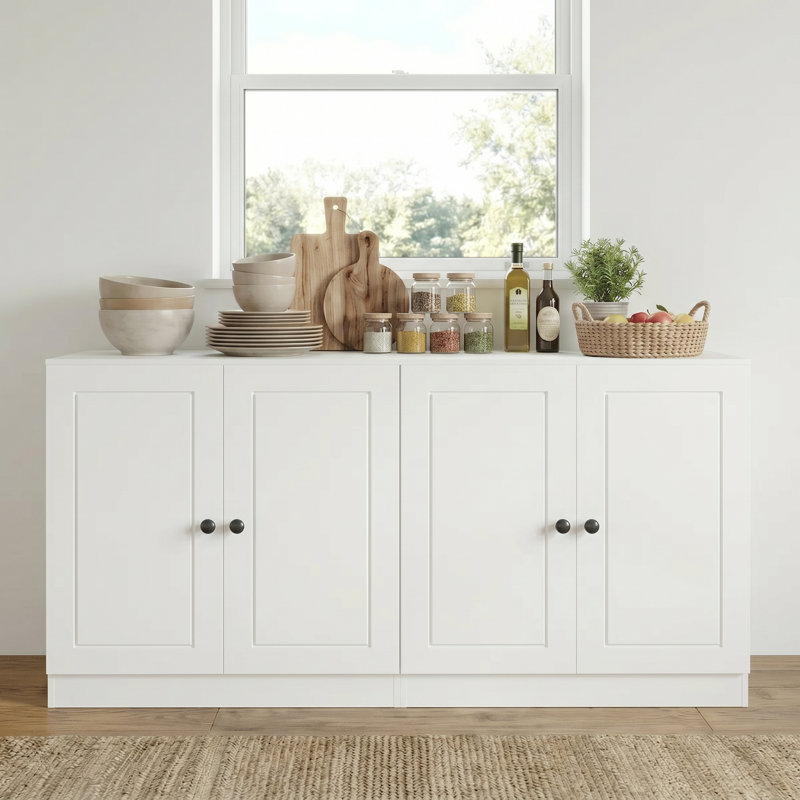 Buffet 58 po à 4 portes, charnières à fermeture douce et tablettes réglables de 58,66 po de largeur, armoire de rangement modulaire