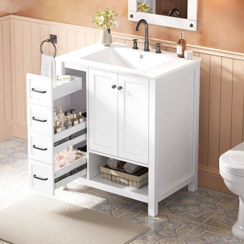Meuble-lavabo 30 po avec comptoir, meuble-lavabo avec deux portes et deux tiroirs, bois massif, tablette ouverte, panneaux de fibres à densité moyenne, un paquet, blanc