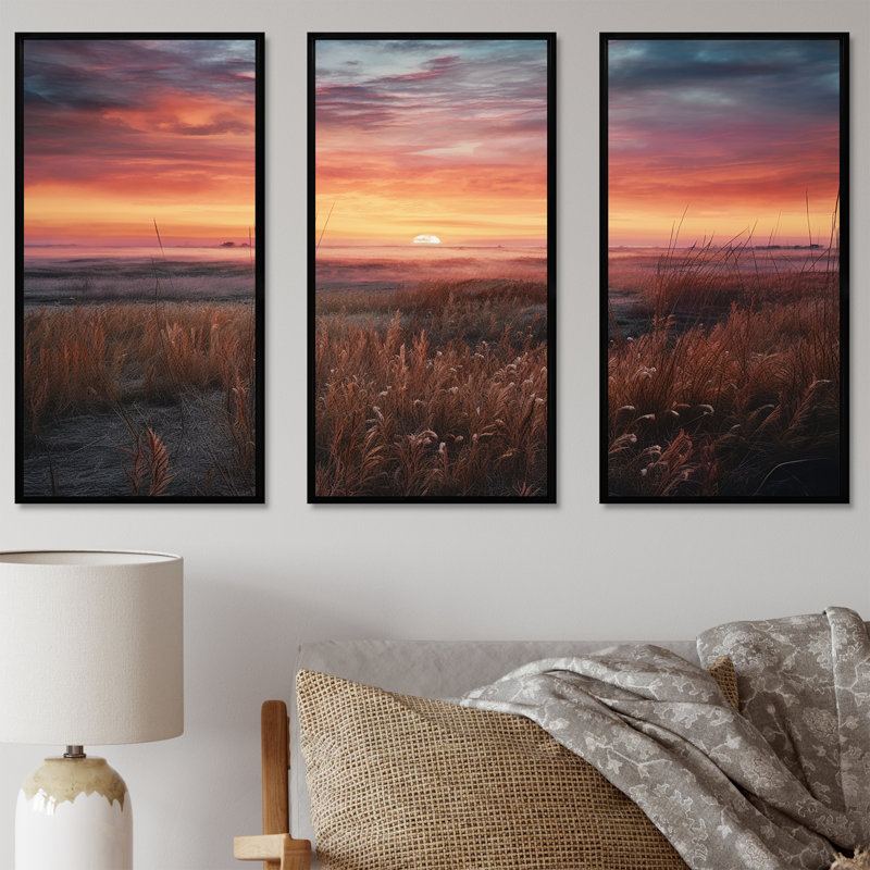 Tranquil Prairies At Sunrise I - ensemble d'art mural sur toile Prairies, Cadre flottant noir, H 32 po x l 48 po x P 1 po