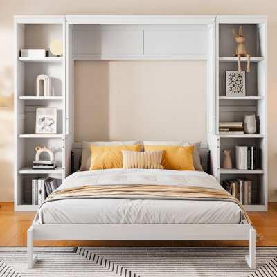Bed Queen Size With Desk And Book Shelf For Space Saving Pivot Point, White - Passionate & Bookshelf, Resilient Pine Wood Build. In Bedroom. No Spring Box Needed. Ample Storage. Foldable